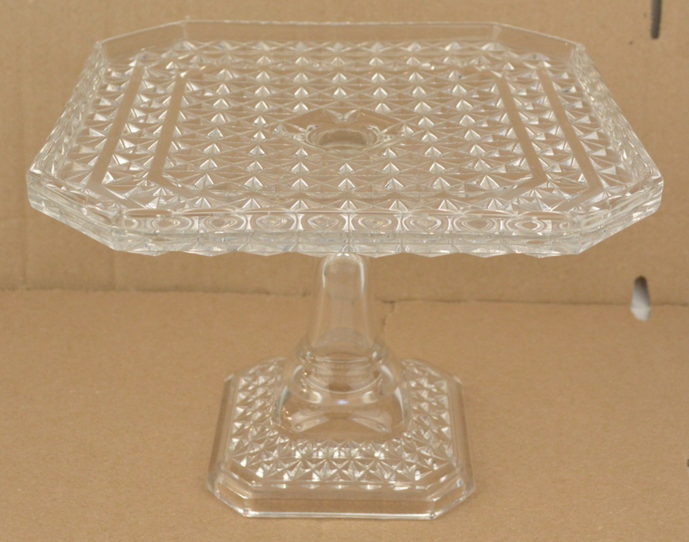 Vintage Fostoria Clear Glass Octagonal Footed Cake Stand Pedestal Diamond Patter